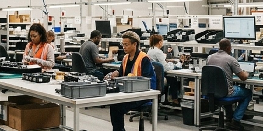 Assembly benches with operators and parts bins