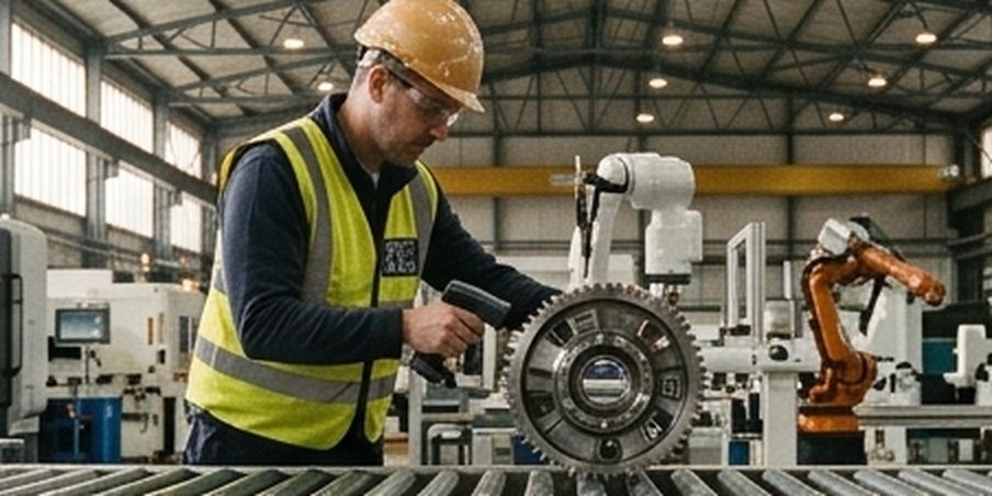 An operator scanning a machined gear on a production line