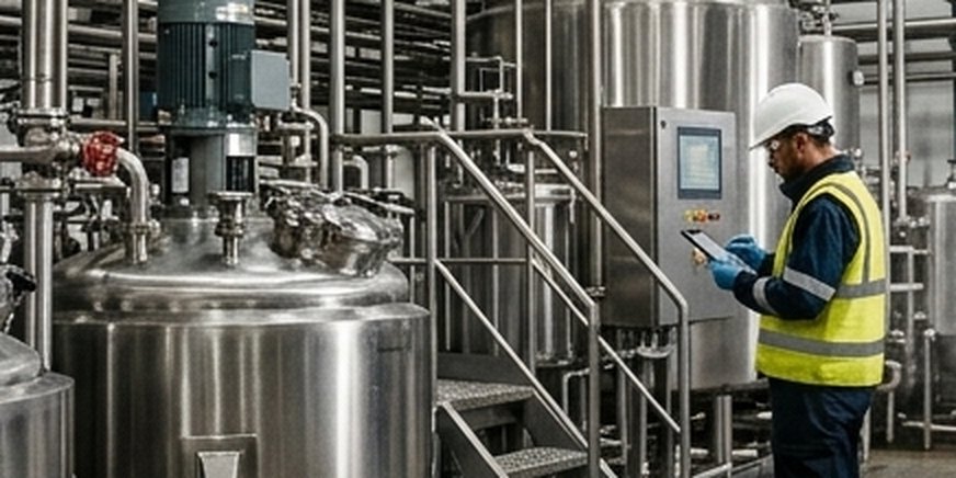 An operator checking a tablet beside stainless steel process tanks